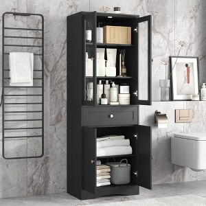TIRAMISUBEST Tall Bathroom Storage Cabinet, Cabinet with Four Doors and Drawers, Adjustable Shelf, MDF Board, Black - 1 of 4