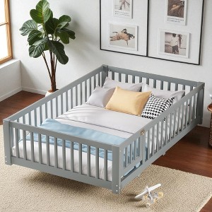 Queen Size Kids Floor Bed with Safety Guardrails and Door, Low Profile Montessori Wooden Platform Bed Frame for Toddlers and Children Bedroom - 1 of 4