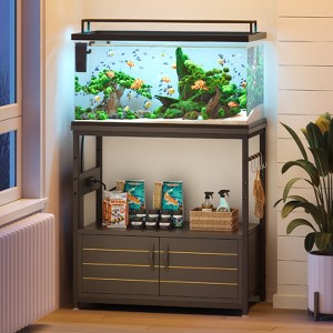 20-29 Gallon Aquarium Stand with Power Outlet, Black Fish Tank Rack with Cabinets ,Rectangle Aquarium Stand with Adjustable Foot and 4 Hooks - 1 of 4