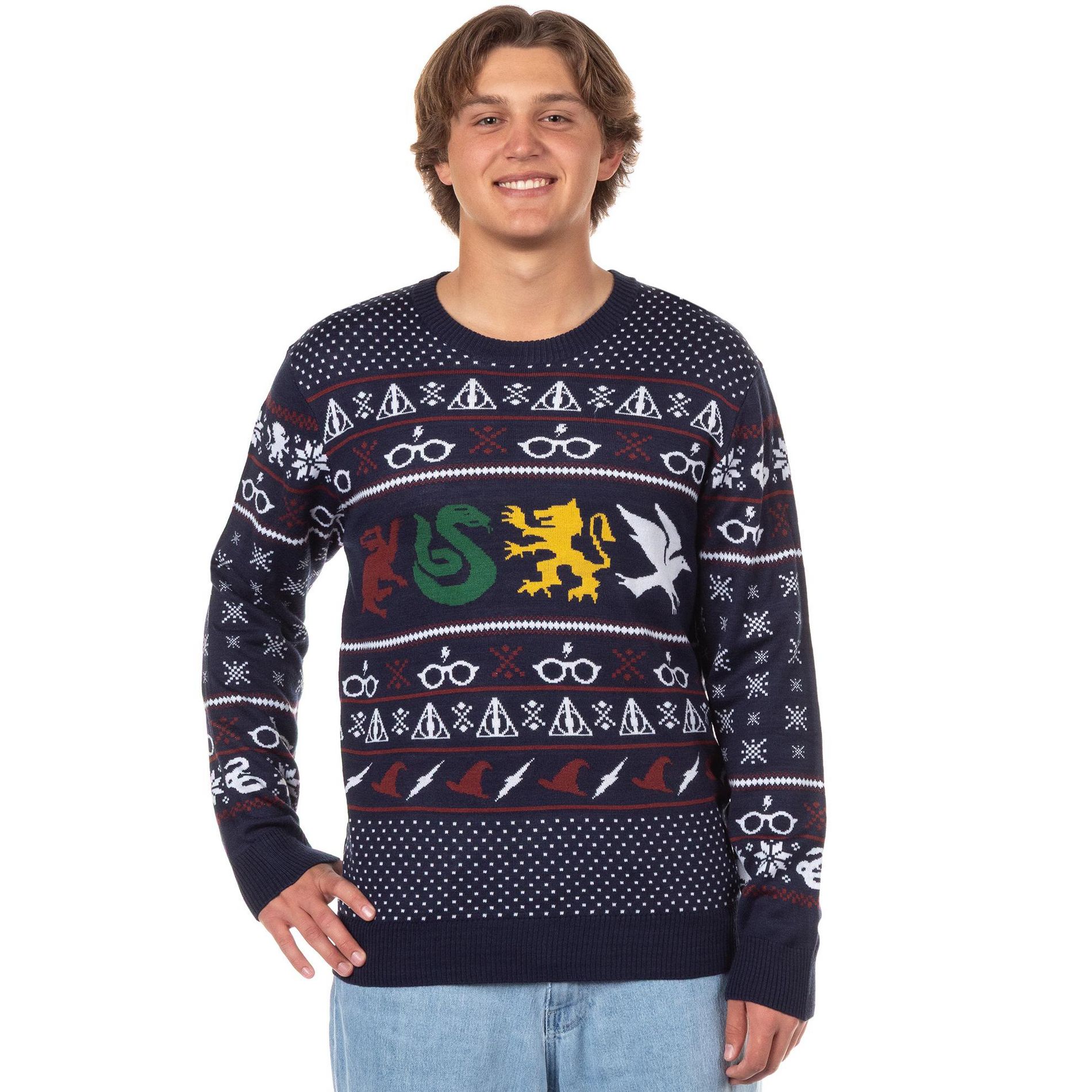 Seven Times Six Harry Potter Adult Hogwarts Houses Knit Ugly Christmas Sweater Blue