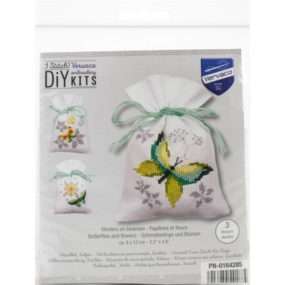 Vervaco Sachet Bags Counted Cross Stitch Kit 3.25"X4.75"-Butterflies (18 Count)