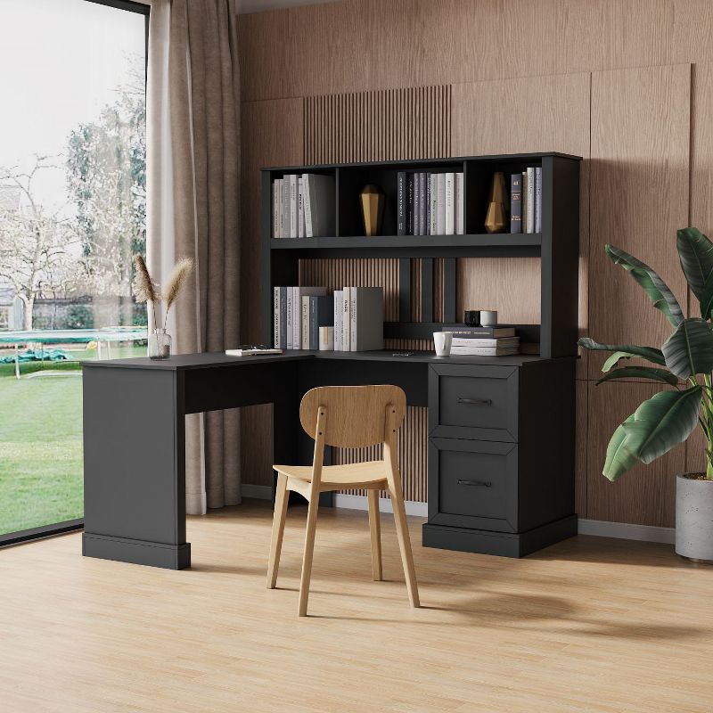L Shape-Home Office Computer Desk with Hutch, Antiqued Black finish, Writting Desk Workstation with Storage Shelf for Home/Office/-Maison Boucle, 1 of 10