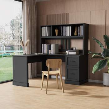 L Shape-Home Office Computer Desk with Hutch, Antiqued Black finish, Writting Desk Workstation with Storage Shelf for Home/Office/-Maison Boucle
