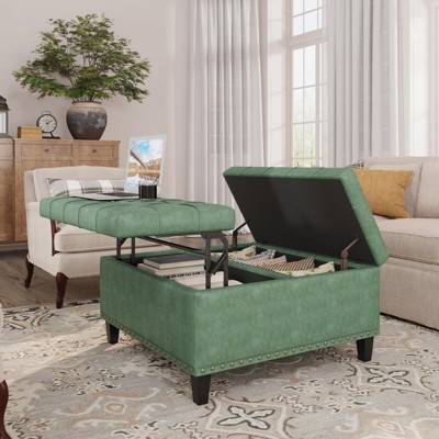 Faux Leather Lift-Top Coffee Table Ottoman, Large Upholstered Footrest Stool Toy Box Storage