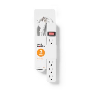 3' 6 Outlet Indoor Power Strip White - Dealworthy™: 15A 1875W Extension Cord, 14 AWG, 3ft Cable, 1 Year Warranty - 1 of 3