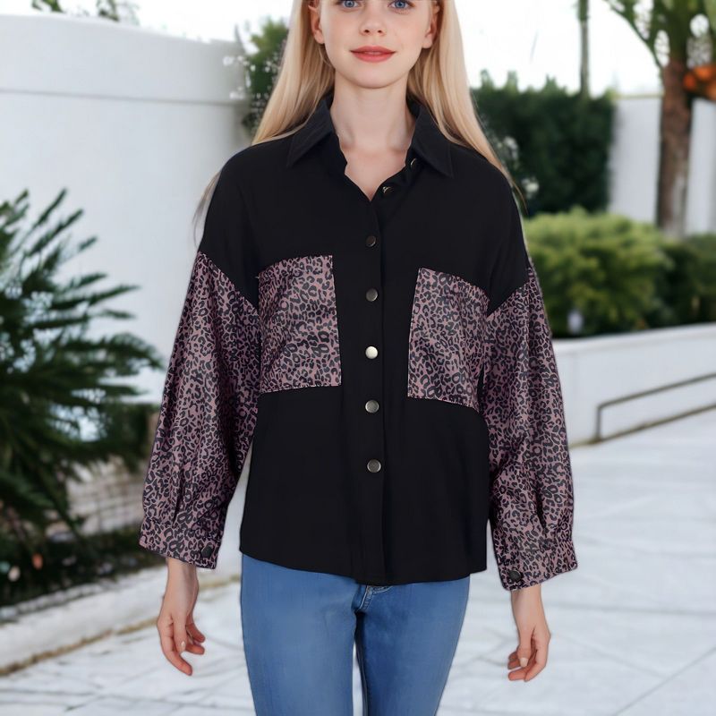 Anna-Kaci Women's Contrast Leopard Button Down Denim Shirts Long Sleeve Boyfriend Light Jacket with Two Pockets, 4 of 7