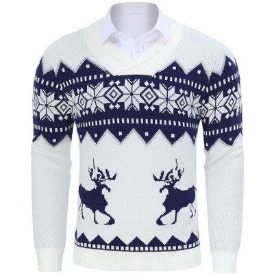 Clearlove Mens Ugly Christmas Sweaters Snowflakes Holiday Reindeer Printed Shawl Collar Knitted Long Sleeve Pullover Jumpers