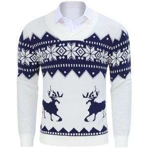 Clearlove Mens Ugly Christmas Sweaters Snowflakes Holiday Reindeer Printed Shawl Collar Knitted Long Sleeve Pullover Jumpers - 1 of 4