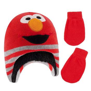 Elmo Boys Winter Beanie Hat and Mittens Set- Red/Gray (Age 2-4)