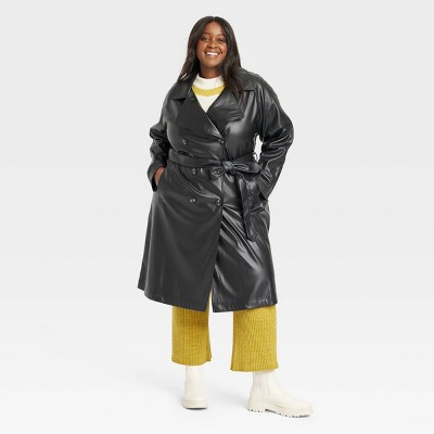 Women's Plus Size Faux Leather Belted Trench Coat - Ava & Viv™