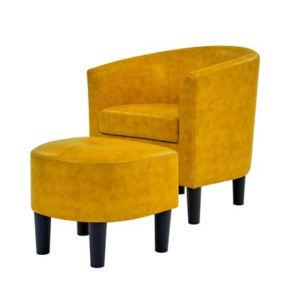 2-Piece Faux Leather Barrel Chair and Ottoman Set, Modern Design with Curved Back, Sturdy Frame and Sleek Black Legs for Stylish Comfort