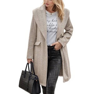 Amaryllis Women's Longline Overcoat Soft Herringbone Texture Wide Lapel Belted Design Full-Length Sleeves - 1 of 4