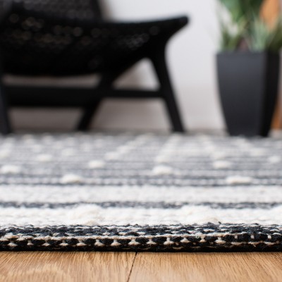 Black and Ivory Wool Handwoven Striped Kilim Rug