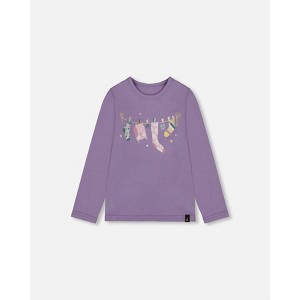 Deux par Deux Girl Organic Cotton Jersey Top Purple Gray with Owl - 1 of 4