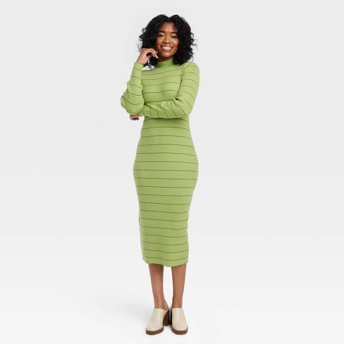 Green Knit Dress Long Sleeve Midi