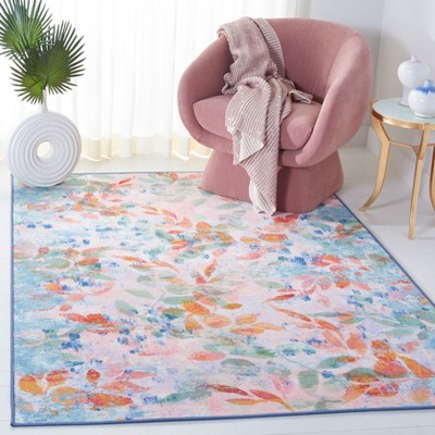 Blush Pink and Green Floral Washable Synthetic Rug