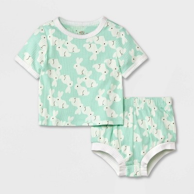 Baby 2pc Bunny Short Sleeve Top & Shorts Set - Cat & Jack™ Green 12M