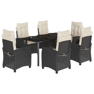 vidaXL 7 Piece Black Poly Rattan Patio Dining Set - Adjustable Reclining Chairs with Cushions, Tempered Glass Table for Garden/Backyard/Patio - 1 of 4