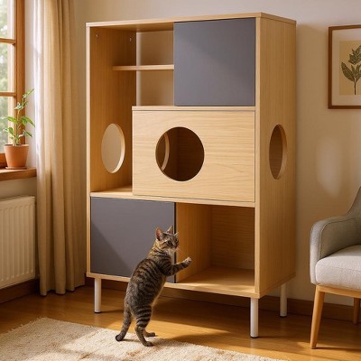 YOOCOZZ 2-in-1 Cat Tree Bookshelf with Storage and Litter Box Enclosure,Cat Climbing Shelves-Natural&Grey
