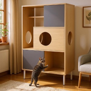 YOOCOZZ 2-in-1 Cat Tree Bookshelf with Storage and Litter Box Enclosure,Cat Climbing Shelves-Natural&Grey - 1 of 4