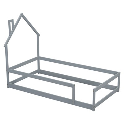 Fontoi Beds, Twin Size Bed with Headboard, Wood Bed with Guardrails for Girls and Boys, Gray, 44.8"*57.3"*78.2"
