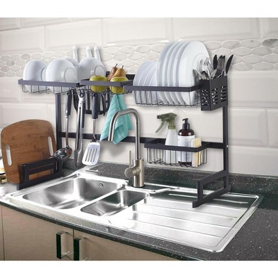 Black Powder-Coated Metal Over-the-Sink Dish Rack with Utensil Cup