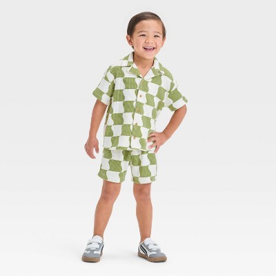 Grayson Mini Toddler Boys' Short Sleeve Wavy Check Printed Thermal Knit Shirt and Shorts Set - Green