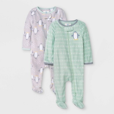 Image of Baby Boys' 2pc Penguin Fleece Sleep N' Play Pajama Romper - Cloud Island™ Mint Green 0-3M