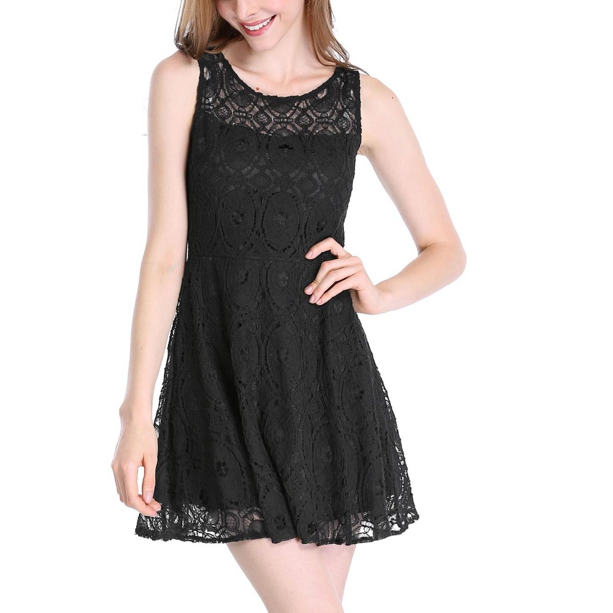 Женские платья INSPIRE CHIC Women's Round Neck Sleeveless Floral Lace Mini Dress X-Small Black — фото 3