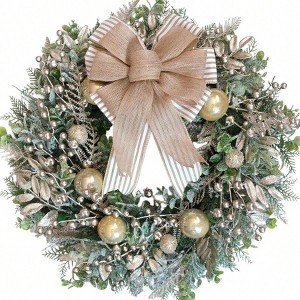 24 Inch Rustic Farmhouse Christmas Wreath with Champagne Leaves Berries Gold Balls for Front Door Indoor Outdoor Home Decor - 1 of 4