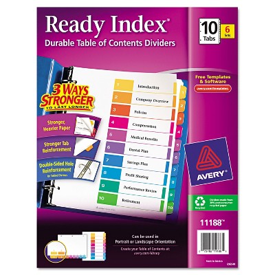 Avery Ready Index Customizable Table of Contents Asst Dividers 10-Tab Ltr 6 Sets 11188