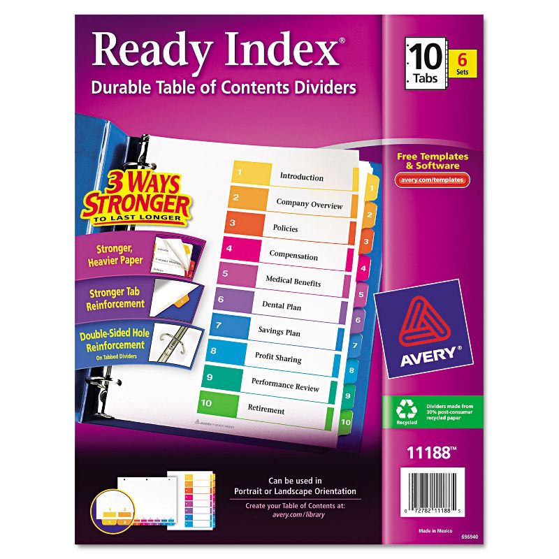 Avery Ready Index Customizable Table of Contents Asst Dividers 10-Tab Ltr 6 Sets 11188, 1 of 10