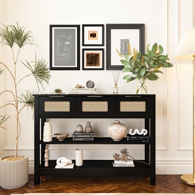 43.3 in. Rectangle Wood Console Table with 3 Top Drawers and 2 Open Shelves