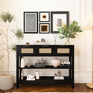 43.3 in. Rectangle Wood Console Table with 3 Top Drawers and 2 Open Shelves - 1 of 4