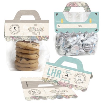 Big Dot of Happiness World Awaits DIY Travel Themed Party Clear Goodie Favor Bag Labels Candy Bags with Toppers Set of 24