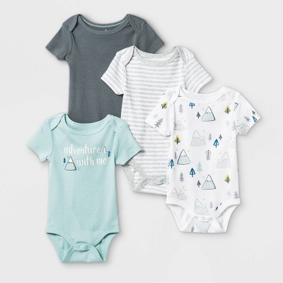 Image of Baby Boys' 4pk Adventure Short Sleeve Bodysuit - Cloud Island™ White/Aqua/Gray 0-3M