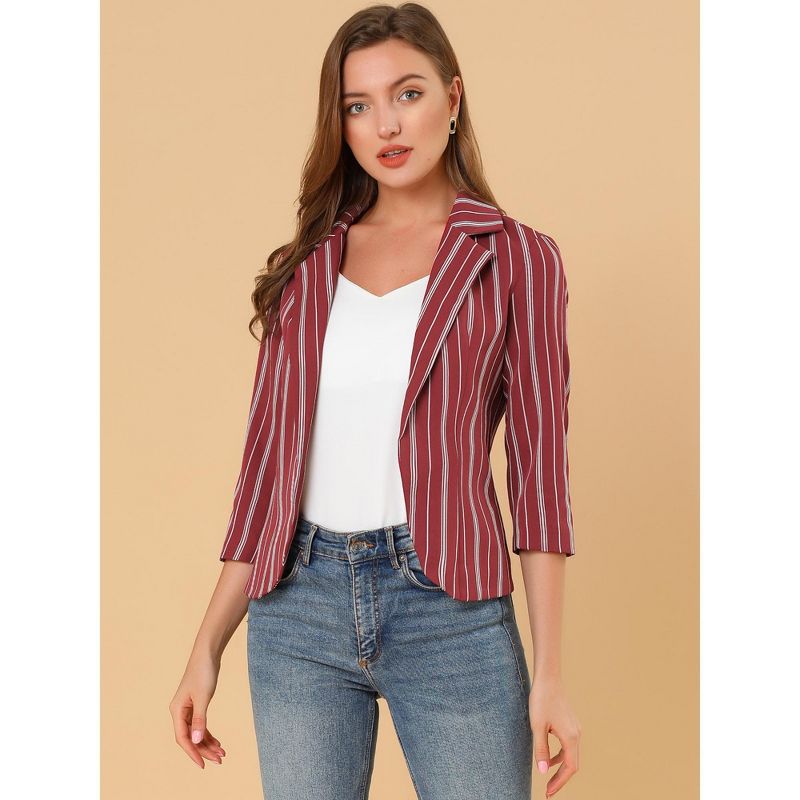 Allegra K Women's Striped 3/4 Sleeves Open Front Casual Notched Lapel Blazer, 3 of 7