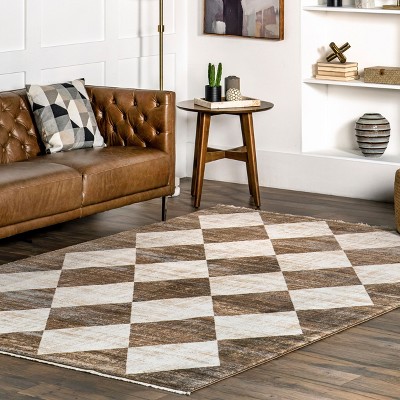Meline Beige and Brown Synthetic Checkered 9' x 13' Area Rug