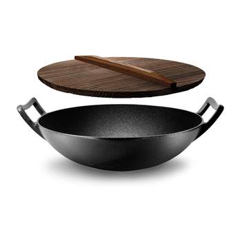 NutriChef Pre Seasoned Nonstick Cooking Wok Cast Iron Kitchen Stir Fry Pan with Wooden Lid for Gas, Electric, Ceramic, & Induction Countertops, Black