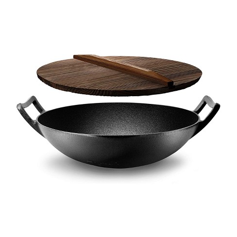 14 Inch Pre-Seasoned Light Cast Iron Black Nonstick Wok Stir Fry Pan Wood Handle 