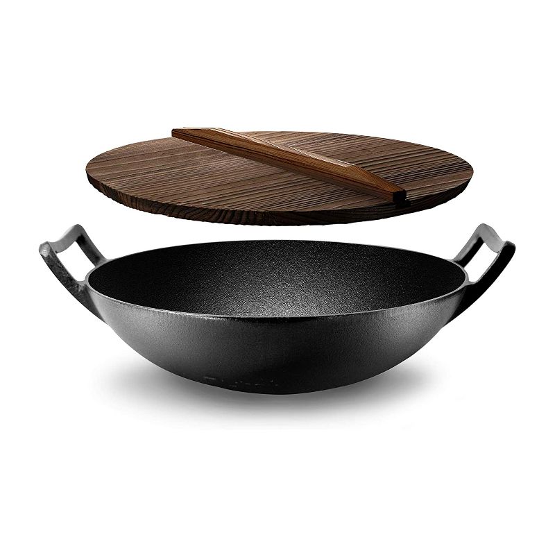 NutriChef Pre Seasoned Nonstick Cooking Wok Cast Iron Kitchen Stir Fry Pan with Wooden Lid for Gas, Electric, Ceramic, & Induction Countertops, Black, 1 of 8
