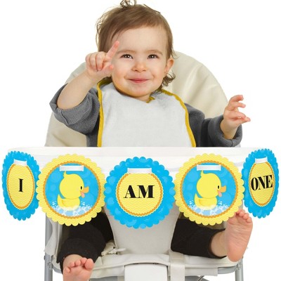 Big Dot of Happiness Ducky Duck 1st Birthday Highchair Decor - I Am One - First Birthday High Chair Banner