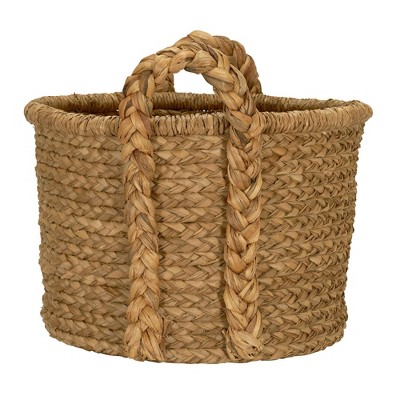 Handwoven Water Hyacinth Round Wicker Storage Basket with Braided Handles