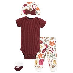 Hudson Baby Girls Thermal Preemie Layette Set 4pc Short Sleeve Outfit, Acorn Botanical, Preemie - 1 of 4