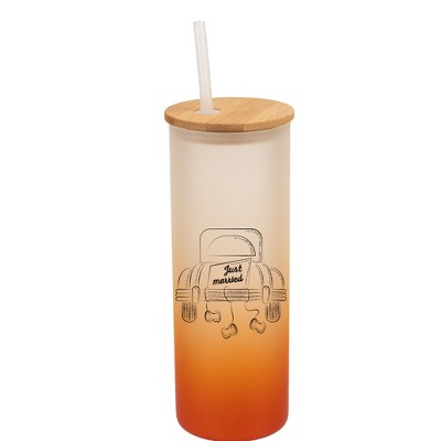 Elanze Designs Just Married Vintage Car Wrap-Around Design 25 Ounce Frosted Gradient Glass On-The-Go Coffee Travel Skinny Tumbler Mug Cup, Bamboo Lid
