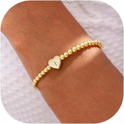 Beaded Bracelets for Women Dainty Heart Initial Bracelet Letter A-Z Charm Bracelet for Women Stretch