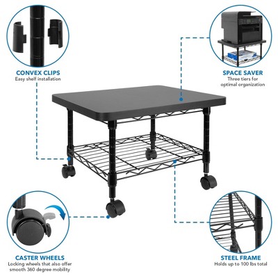 Sleek Black Steel 2-Tier Under-Desk Printer Cart with Wheels