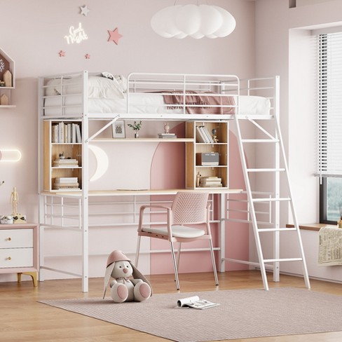 Twin Size Loft Bed With Desk And Shelf Metal Bed With Ladder White 4w Modernluxe Target