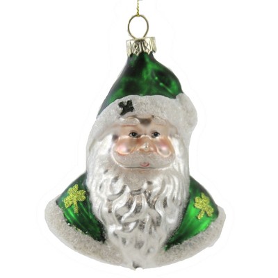 Holiday Ornament 4.5" Irish Santa Head Glass Ornament Christmas Claus Shamrock  -  Tree Ornaments