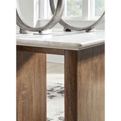 Light Brown and White Mango Wood End Table with Marble Top